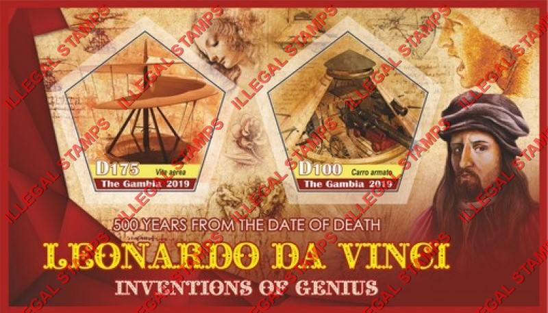 Gambia 2019 Leonardo da Vinci Inventions Illegal Stamp Souvenir Sheet of 2