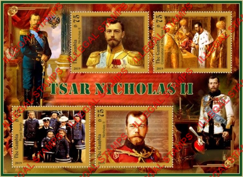 Gambia 2019 Tsar Nicholas II Illegal Stamp Souvenir Sheet of 4