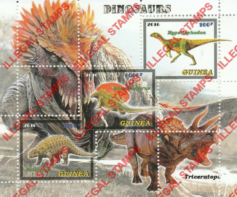 Guinea 2016 Dinosaurs Illegal Stamp Souvenir Sheet of 3 (Sheet 2)