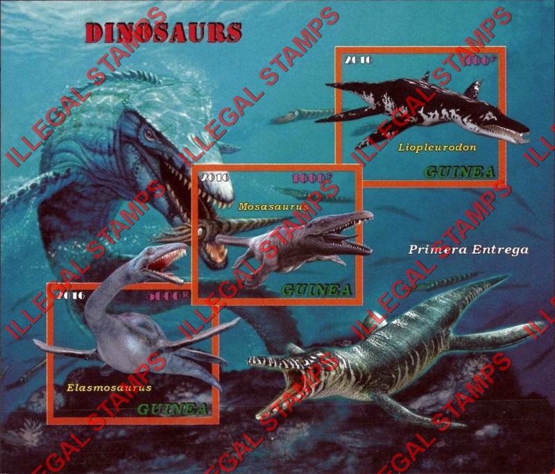 Guinea 2016 Dinosaurs Illegal Stamp Souvenir Sheet of 3 (Sheet 3)