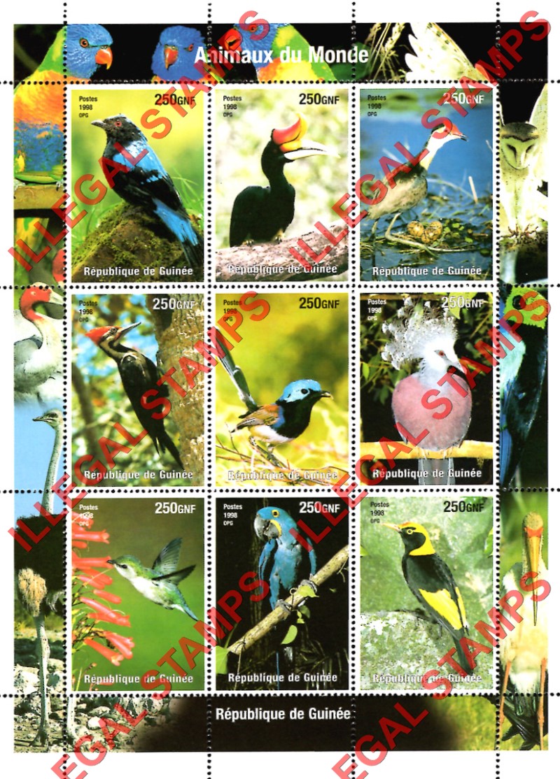 Guinea Republic 1998 Animals of the World Birds Illegal Stamp Souvenir Sheet of 9 Yvert Catalog No. 1473-1481