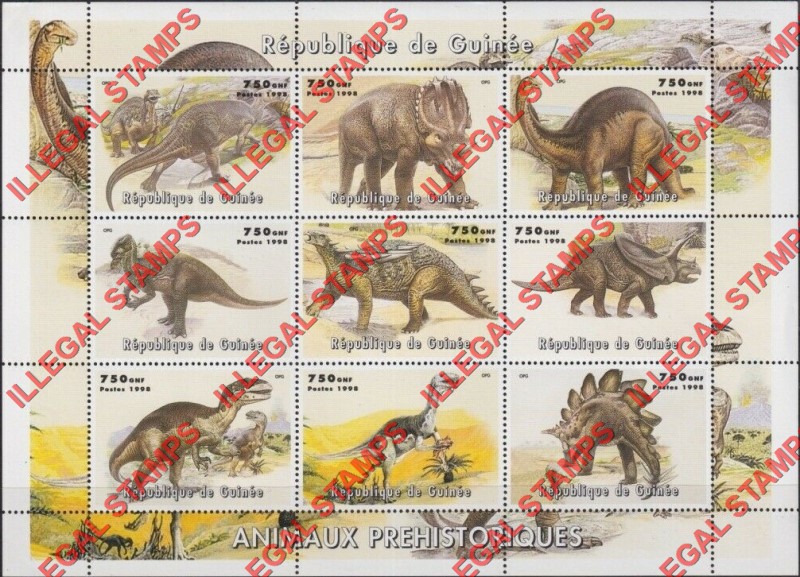 Guinea Republic 1998 Dinosaurs Illegal Stamp Souvenir Sheet of 9 (Sheet 1)
