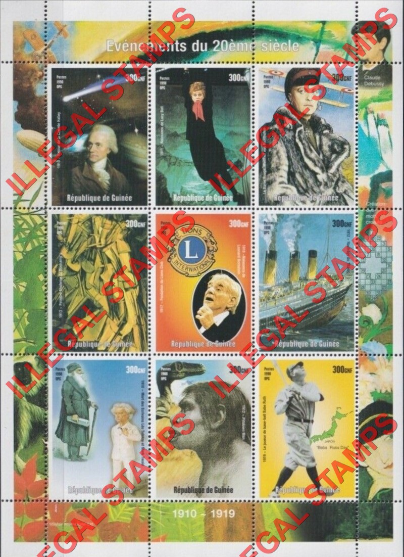 Guinea Republic 1998 Events of the 20th Century 1910-1919 Illegal Stamp Souvenir Sheet of 9
