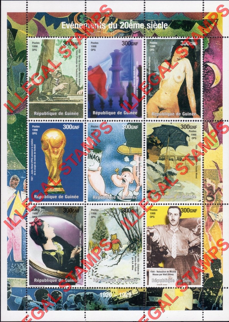 Guinea Republic 1998 Events of the 20th Century 1920-1929 Illegal Stamp Souvenir Sheet of 9