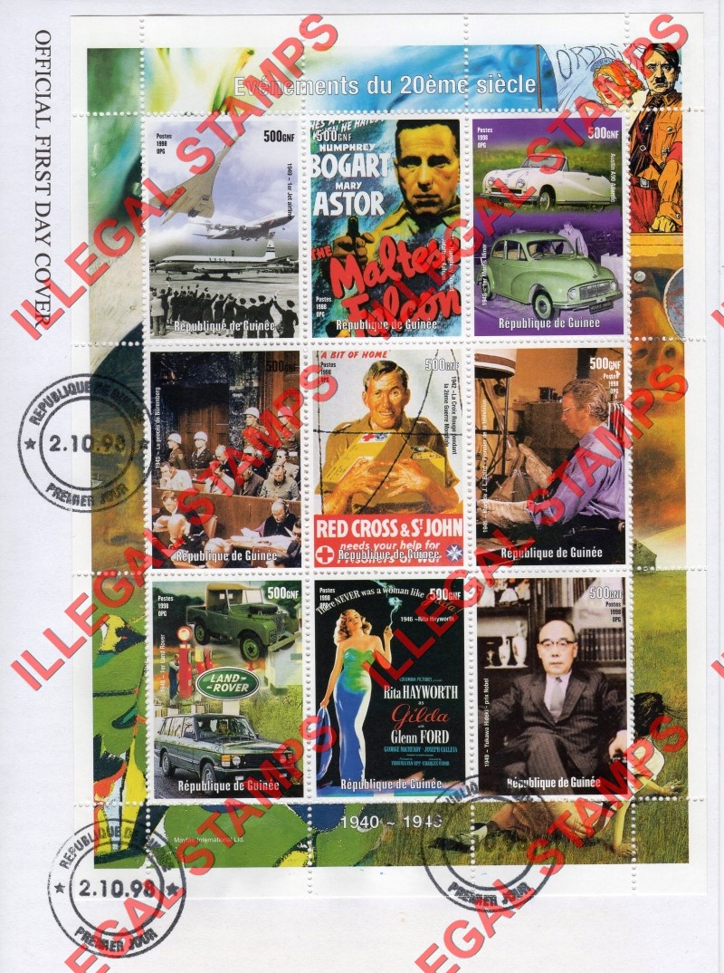 Guinea Republic 1998 Events of the 20th Century Illegal Stamp Souvenir Sheet of 9 on Fake First Day Cover