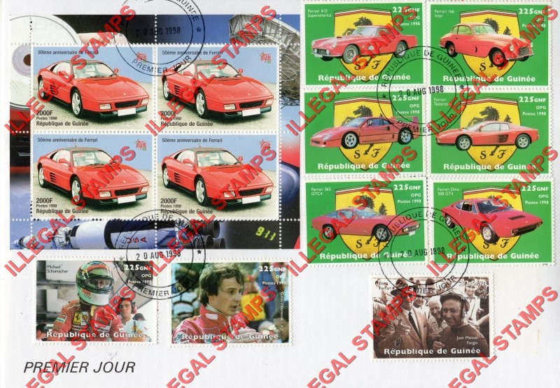 Guinea Republic 1998 Ferrari Illegal Stamp Souvenir Sheet of 4 and Supposedly Legal Stamps on Fake FDC