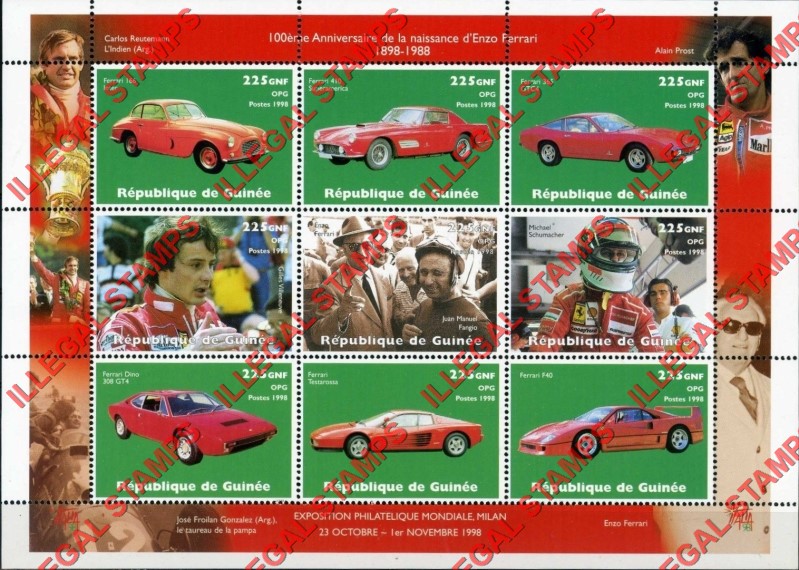 Guinea Republic 1998 Ferrari Illegal Stamp Souvenir Sheet of 9 Without Logo's Michel Catalog No. 1977-1985, Yvert Catalog No. 1342-1350