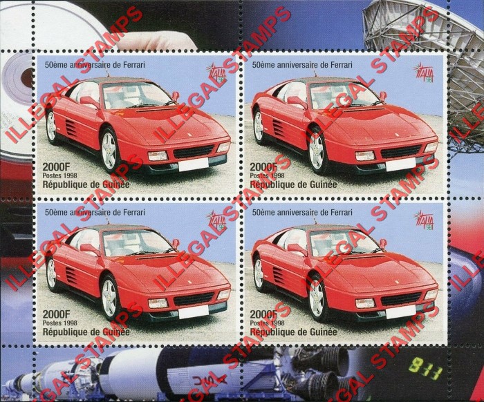 Guinea Republic 1998 Ferrari Illegal Stamp Souvenir Sheet of 4
