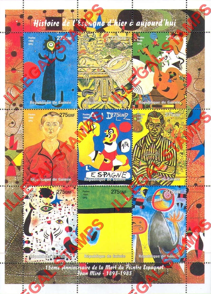 Guinea Republic 1998 Paintings by Joan Miro Illegal Stamp Souvenir Sheet of 9