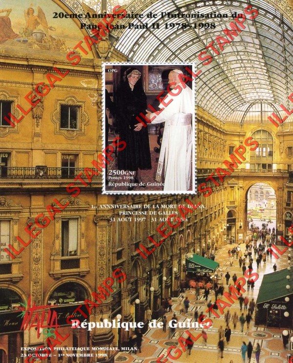 Guinea Republic 1998 Pope John Paul II and Princess Diana Illegal Stamp Souvenir Sheet of 1