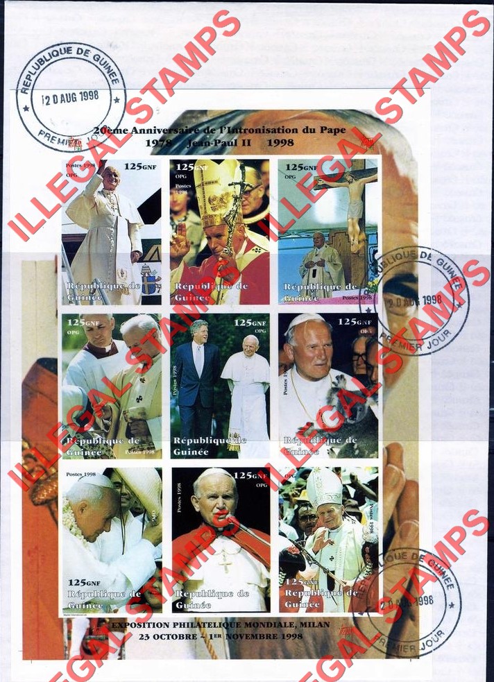 Guinea Republic 1998 Pope John Paul II Illegal Stamp Souvenir Sheet of 9 on Fake First Day Cover