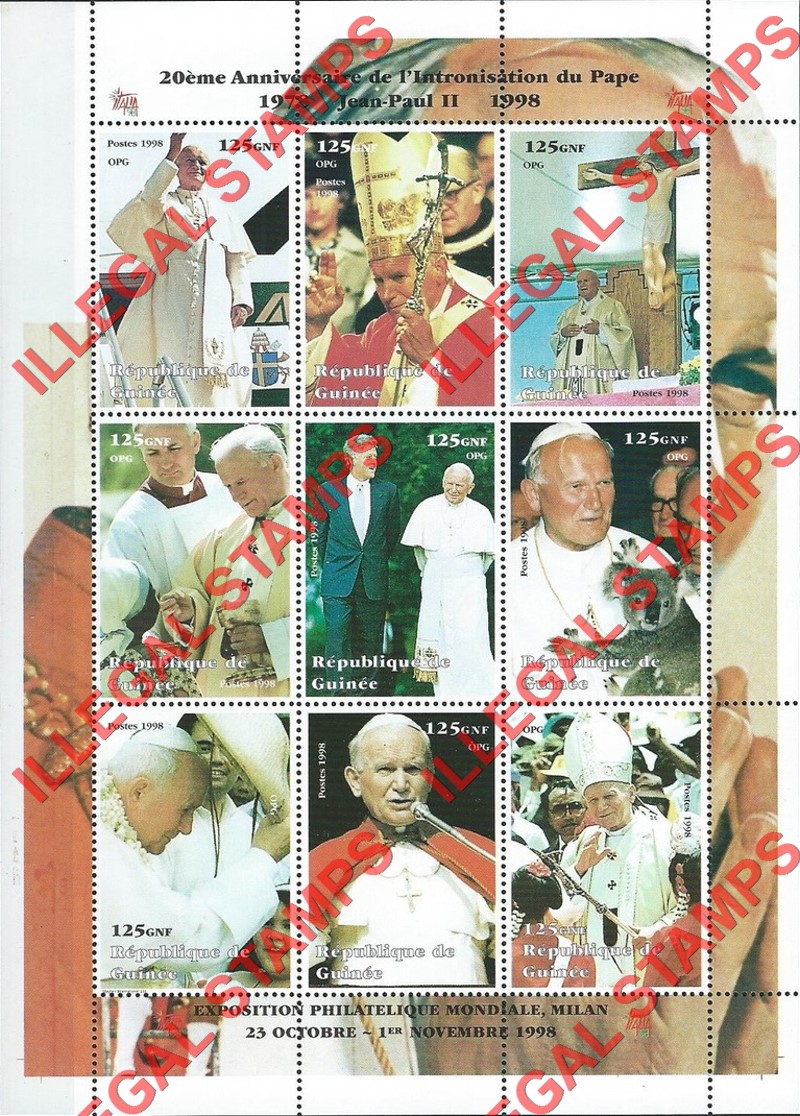 Guinea Republic 1998 Pope John Paul II Illegal Stamp Souvenir Sheet of 9 (Sheet 2)