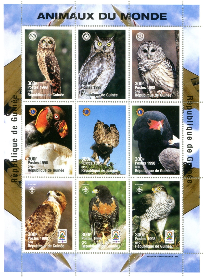 Guinea Republic 1998 Animals of the World Birds of Prey Souvenir Sheet of 9 Michel Catalog No. 1787-1795, Yvert Catalog No. 1213-1221