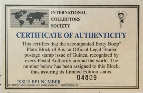 Guinea Republic 1998 Betty Boop Stamp Souvenir Sheet of 9 Bogus Certificate of Authenticity