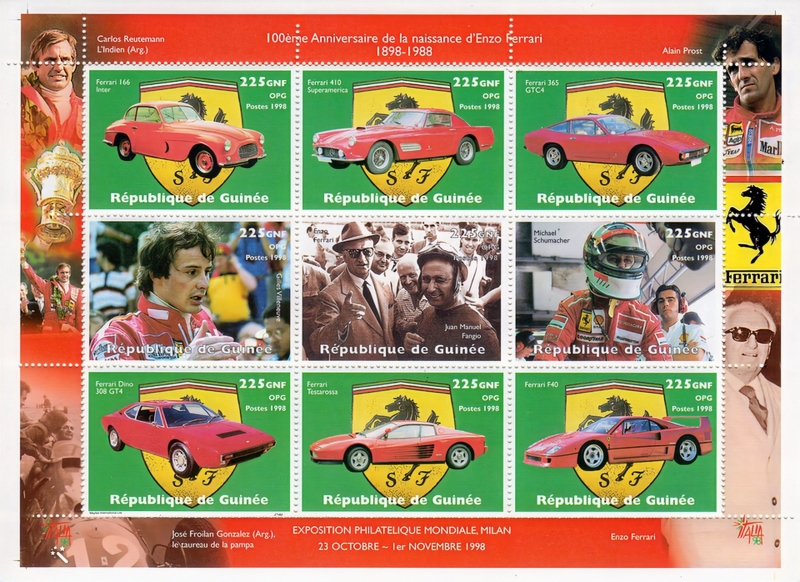 Guinea Republic 1998 Ferrari Souvenir Sheet of 9 with Logo's Michel Catalog No. 1977-1985, Yvert Catalog No. 1342-1350