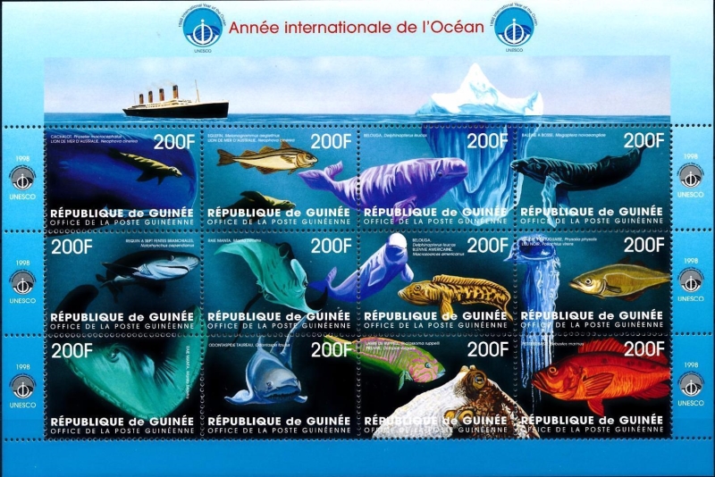 Guinea Republic 1998 Marine Life International Year of the Ocean Stamp Souvenir Sheet of 9 Scott Catalog No. 1460