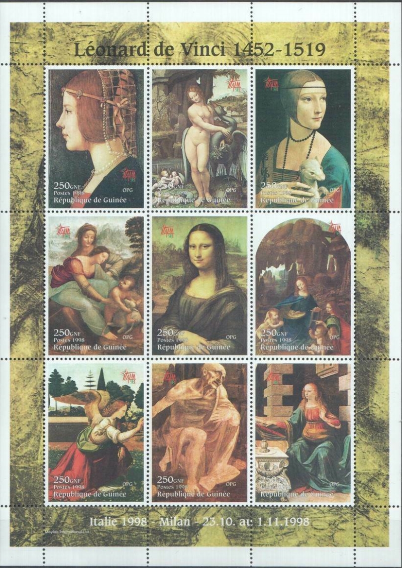 Guinea Republic 1998 Paintings by Leonardo da Vinci Stamp Souvenir Sheet of 9 Michel Catalog No. 1968-1976