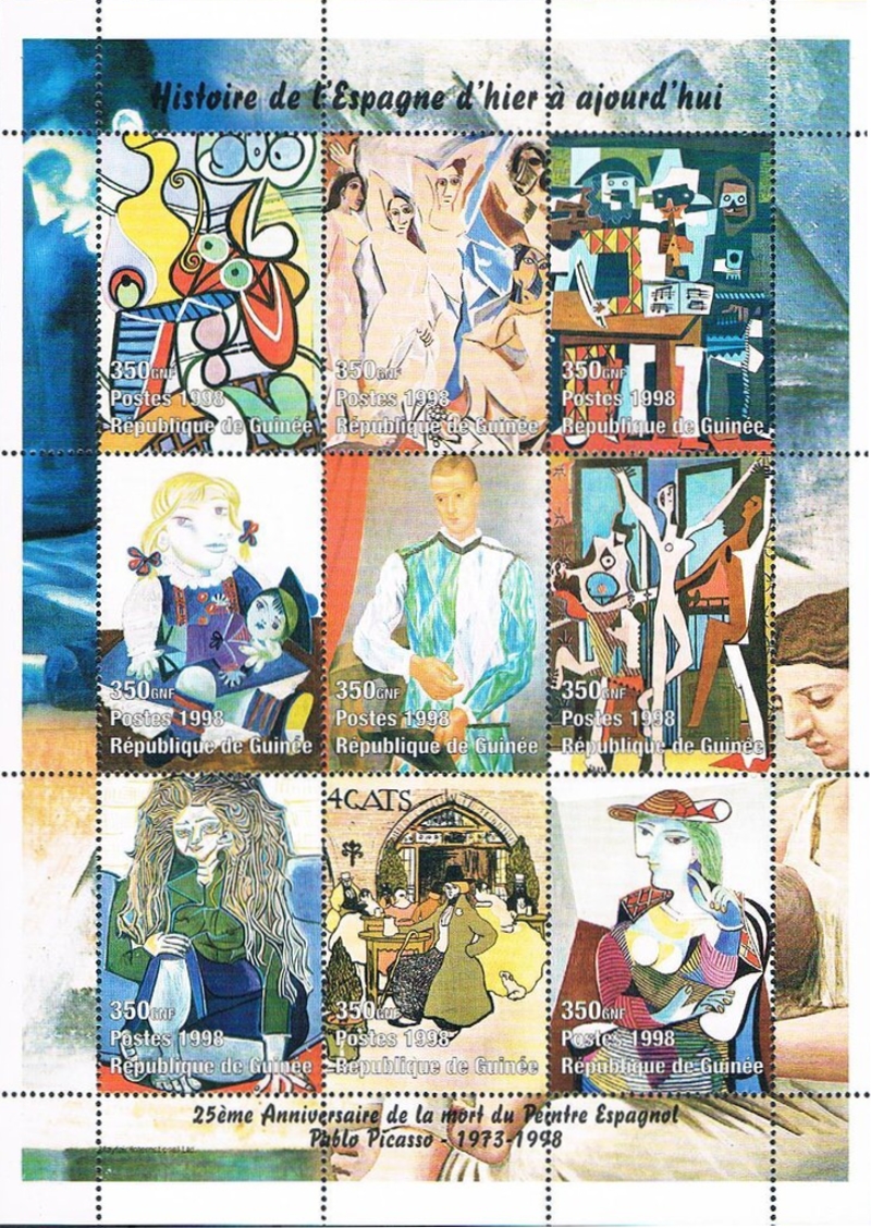 Guinea Republic 1998 Paintings by Pablo Picasso Stamp Souvenir Sheet of 9 Michel Catalog No. 1804-1812, Yvert Catalog No. 1231-1239
