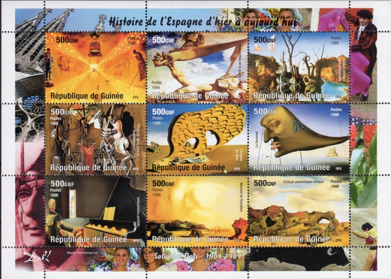 Guinea Republic 1998 Paintings by Salvador Dali Stamp Souvenir Sheet of 9 Michel Catalog No. 1822-1830