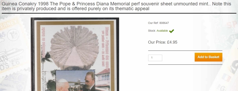 Guinea Republic 1998 Princess Diana Memorial with Pope John Paul and Fidel Castro Stamp Souvenir Sheet of 1 Stated to be Privately Produced