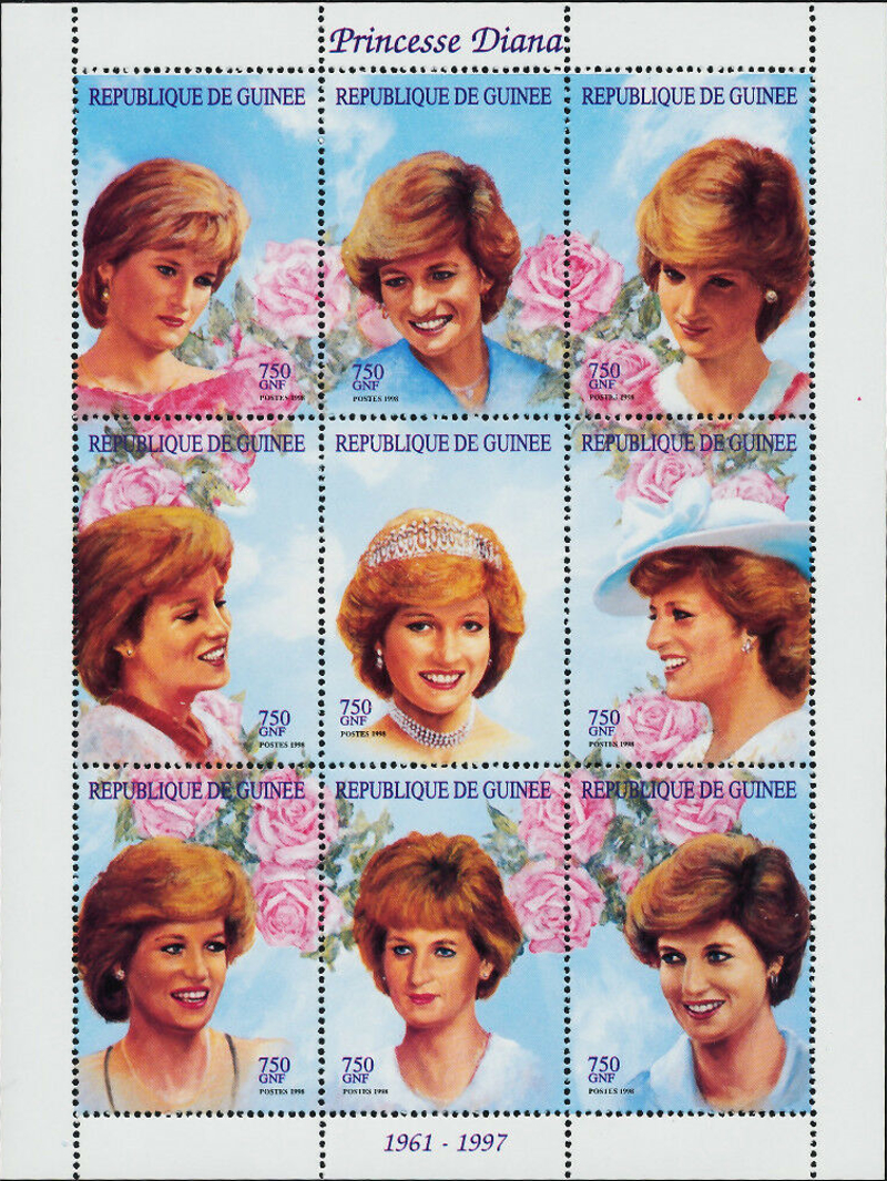 Guinea Republic 1998 Princess Diana Portraits Stamp Souvenir Sheet of 9 Michel Catalog No. 2066-2074