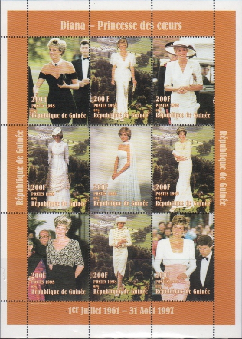 Guinea Republic 1998 Princess Diana Stamp Souvenir Sheet of 9 Michel Catalog No. 1732-1740, Yvert Catalog No. 1153-1161