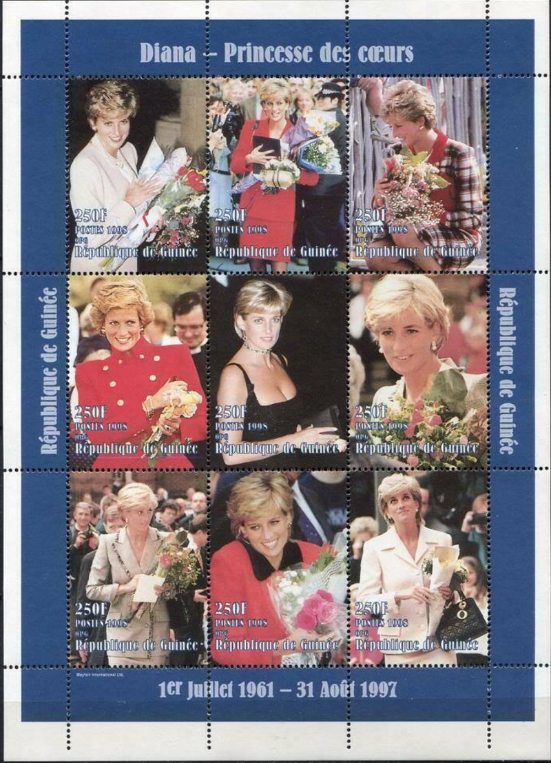 Guinea Republic 1998 Princess Diana Stamp Souvenir Sheet of 9 Michel Catalog No. 1741-1749, Yvert Catalog No. 1135-1143