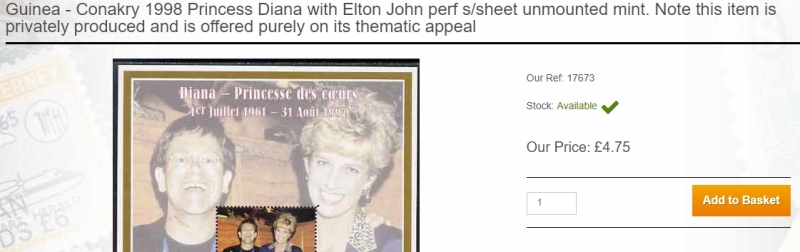 Guinea Republic 1998 Princess Diana with Elton John Stamp Souvenir Sheet of 1 Stated to be Privately Produced