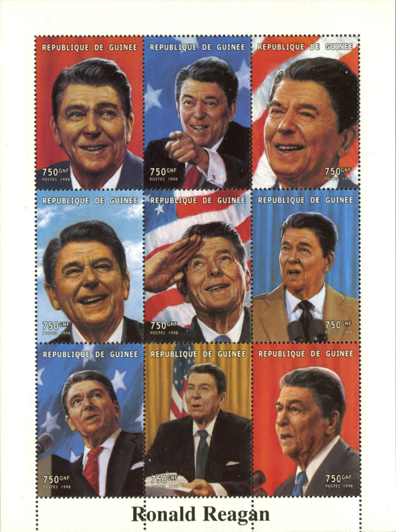 Guinea Republic 1998 Ronald Reagan Stamp Souvenir Sheet of 9 Michel Catalog No. 2077-2085