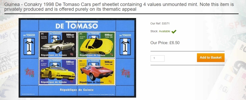 Guinea Republic 1998 Sport Cars De Tomaso Stamp Souvenir Sheet of 4 Stated to be Privately Produced