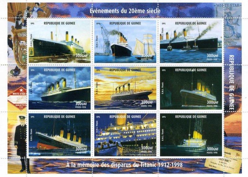 Guinea Republic 1998 Titanic Stamp Souvenir Sheet of 9 Michel Catalog No. 1901-1909? Yvert Catalog No. 1412-1420?