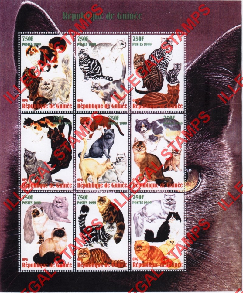 Guinea Republic 1999 Cats Illegal Stamp Souvenir Sheet of 9