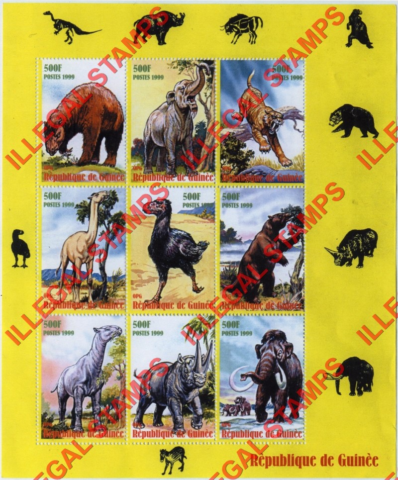 Guinea Republic 1999 Dinosaurs Illegal Stamp Souvenir Sheet of 9 (Sheet 1)