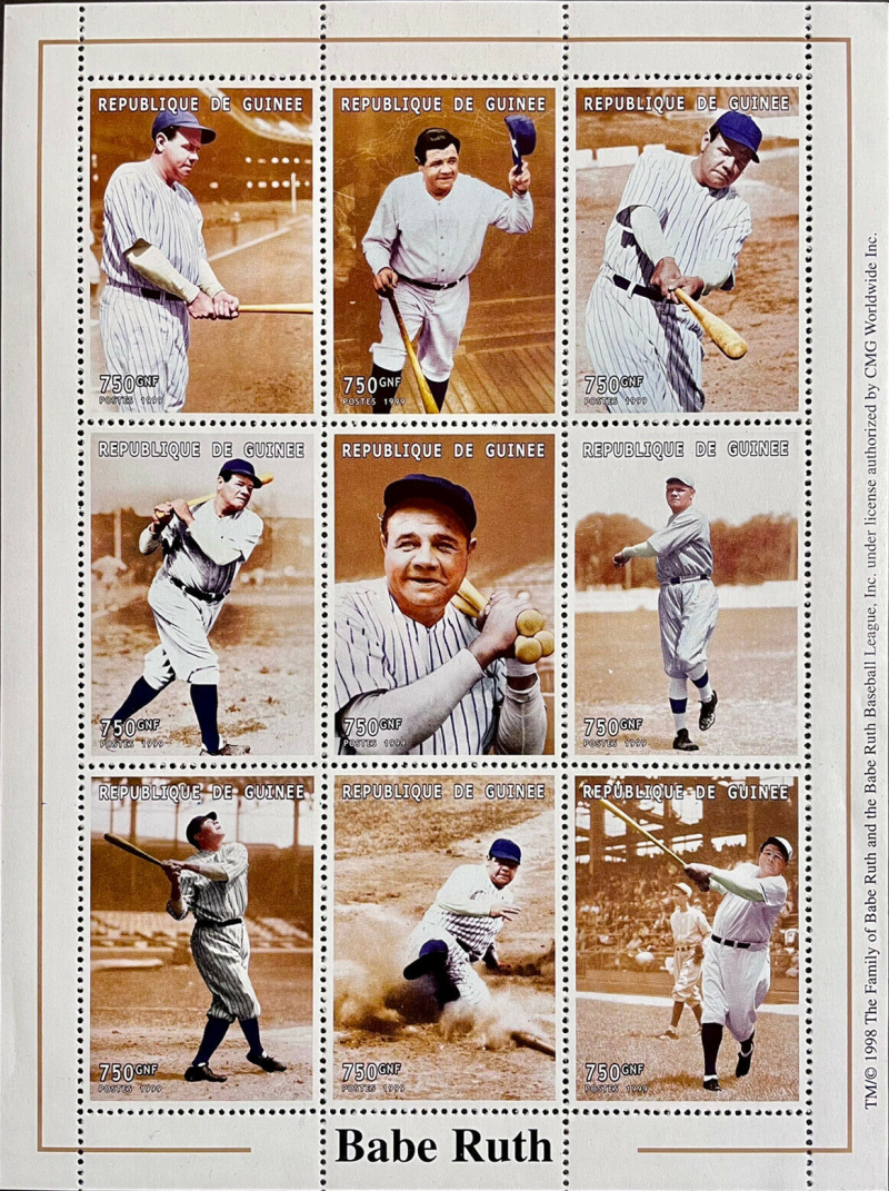 Guinea Republic 1999 Babe Ruth Baseball Legend Stamp Souvenir Sheet of 9 Michel Catalog No. 2254-2262