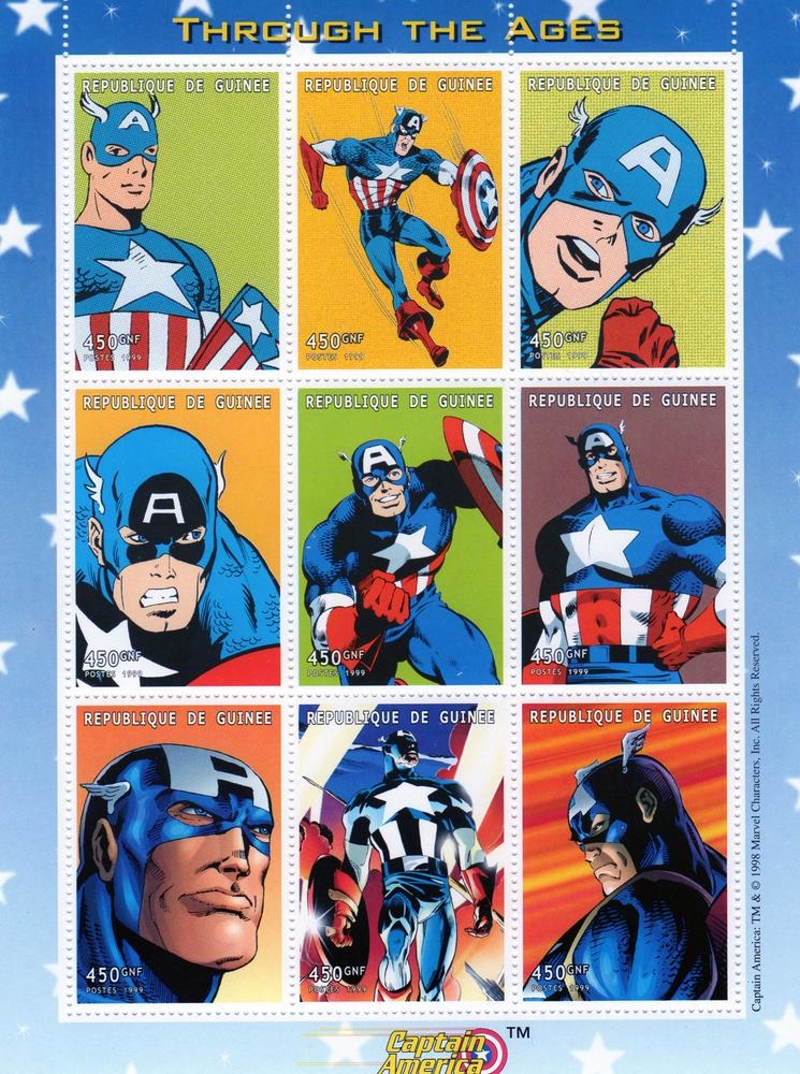 Guinea Republic 1999 Captain America Stamp Souvenir Sheet of 9 Michel Catalog No. 2296-2304