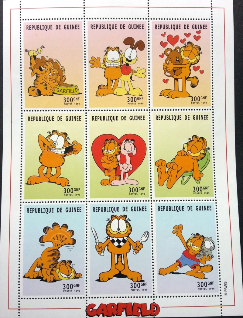 Guinea Republic 1999 Garfield Stamp Souvenir Sheet of 9 Michel Catalog No. no reference, Yvert Catalog No. no reference