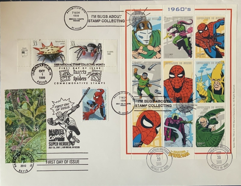 Guinea Republic 1999 Spiderman Stamp Souvenir Sheet of 9 on Fake First Day Cover Michel Catalog No. 2265-2273