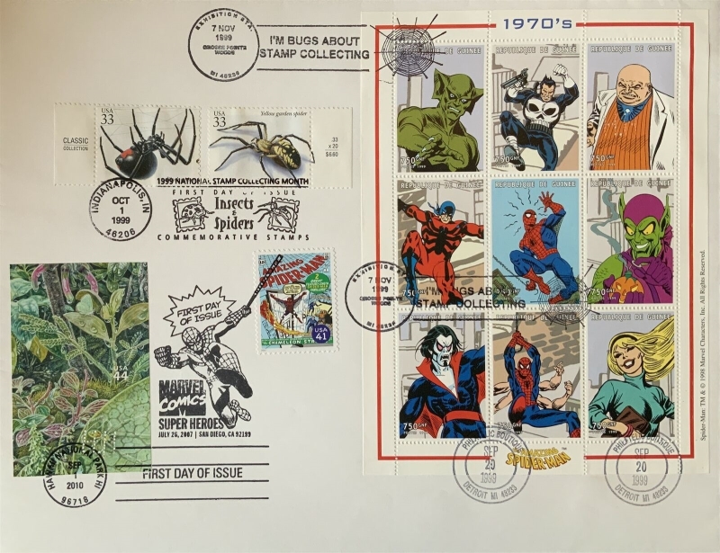 Guinea Republic 1999 Spiderman Stamp Souvenir Sheet of 9 on Fake First Day Cover Michel Catalog No. 2274-2282