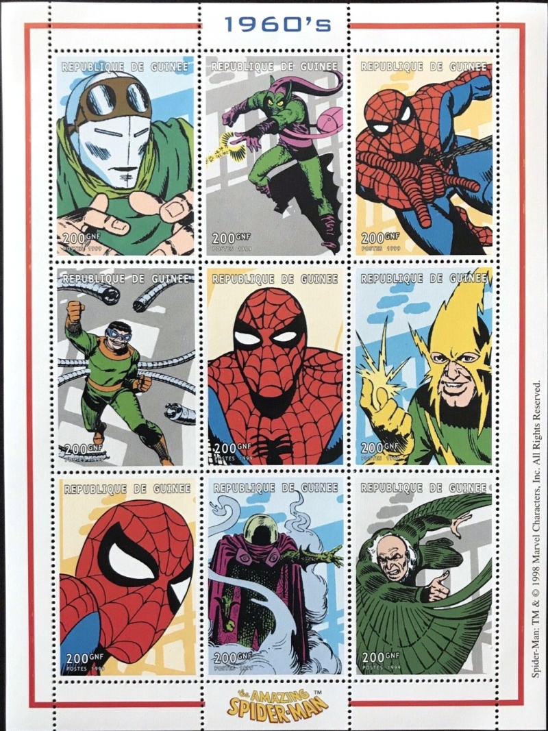 Guinea Republic 1999 Spiderman Stamp Souvenir Sheet of 9 Michel Catalog No. 2265-2273