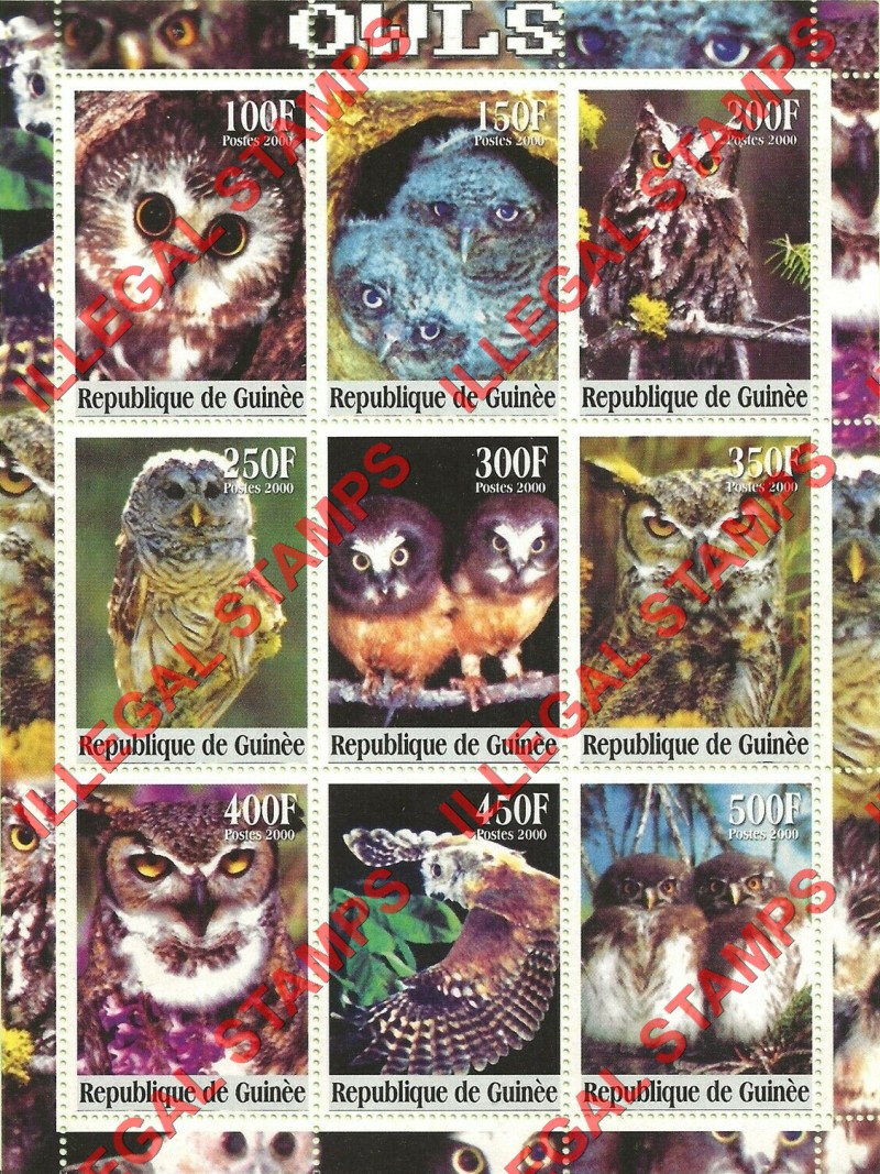 Guinea Republic 2000 Owls Illegal Stamp Souvenir Sheet of 9