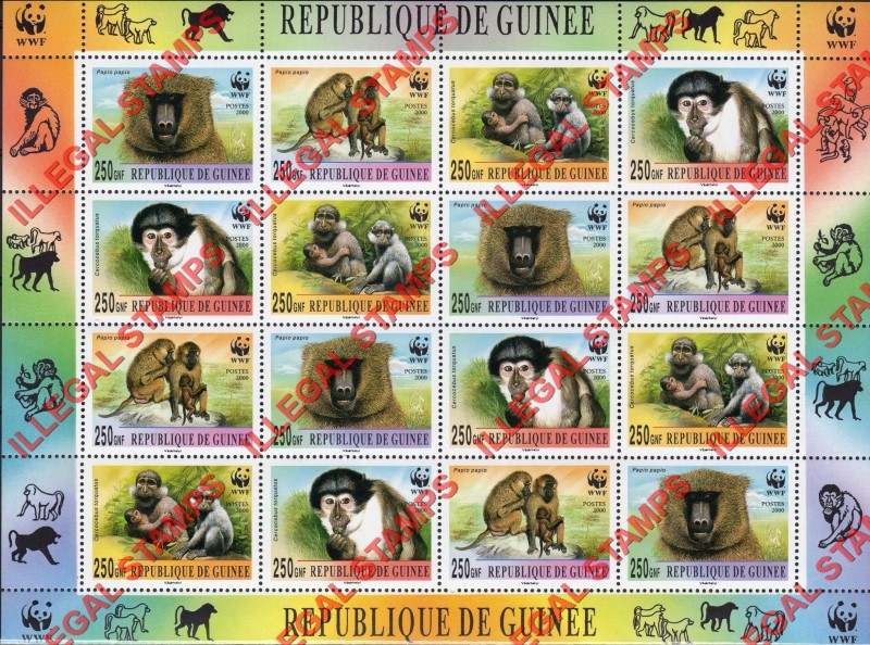 Guinea Republic 2000 WWF (World Wildlife Foundation) Magaby Baboons Illegal Stamp Souvenir Sheet of 16