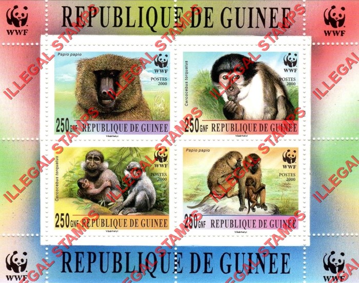 Guinea Republic 2000 WWF (World Wildlife Foundation) Magaby Baboons Illegal Stamp Souvenir Sheet of 4
