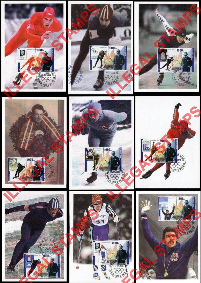 Guinea Republic 2001 Olympic Games and Pierre Coubertin Illegal Stamp Pairs on Maxi-Cards (Part 1)