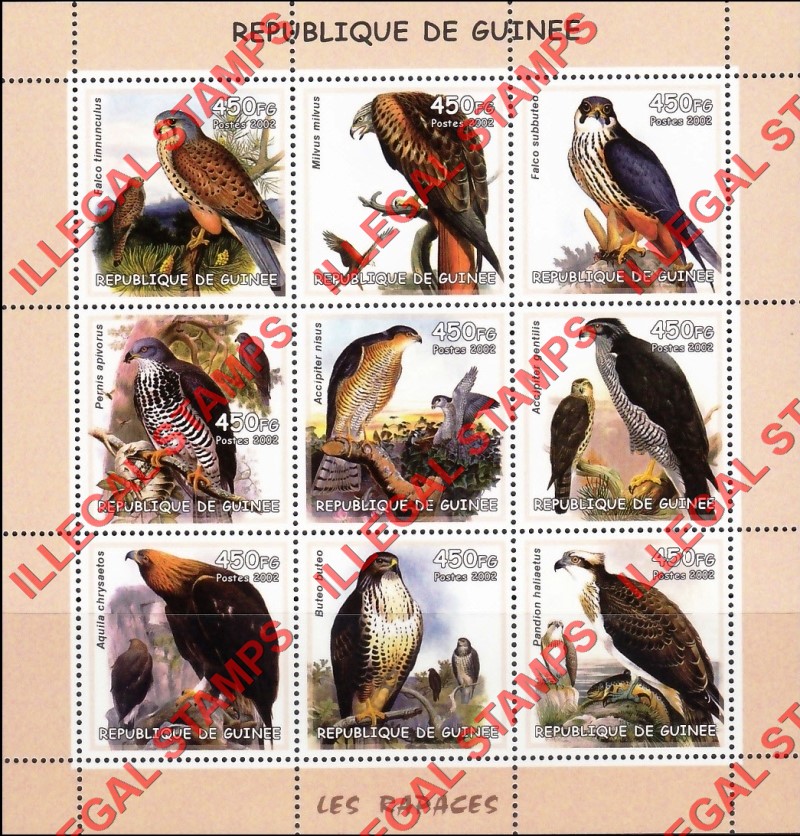 Guinea Republic 2002 Birds of Prey Raptors Illegal Stamp Souvenir Sheet of 9