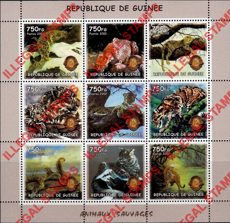 Guinea Republic 2002 Wild Cats Leopards Tigers Illegal Stamp Souvenir Sheet of 9
