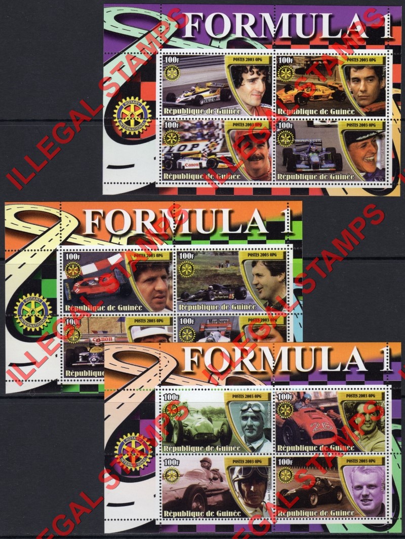Guinea Republic 2003 Formula I Cars and Drivers Illegal Stamp Souvenir Sheets of 4 (Part 1)