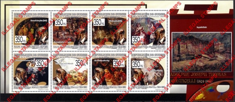 Guinea Republic 2009 Paintings Art by Adolphe Joseph Thomas Monticelli Illegal Stamp Souvenir Sheet of 8
