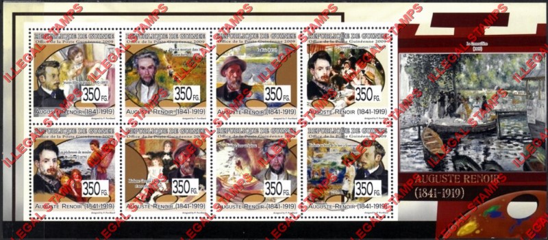 Guinea Republic 2009 Paintings Art by Auguste Renoir Illegal Stamp Souvenir Sheet of 8