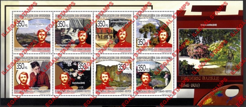 Guinea Republic 2009 Paintings Art by Frederic Bazille Illegal Stamp Souvenir Sheet of 8