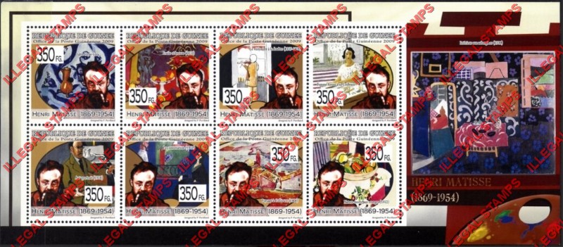 Guinea Republic 2009 Paintings Art by Henri Matisse Illegal Stamp Souvenir Sheet of 8